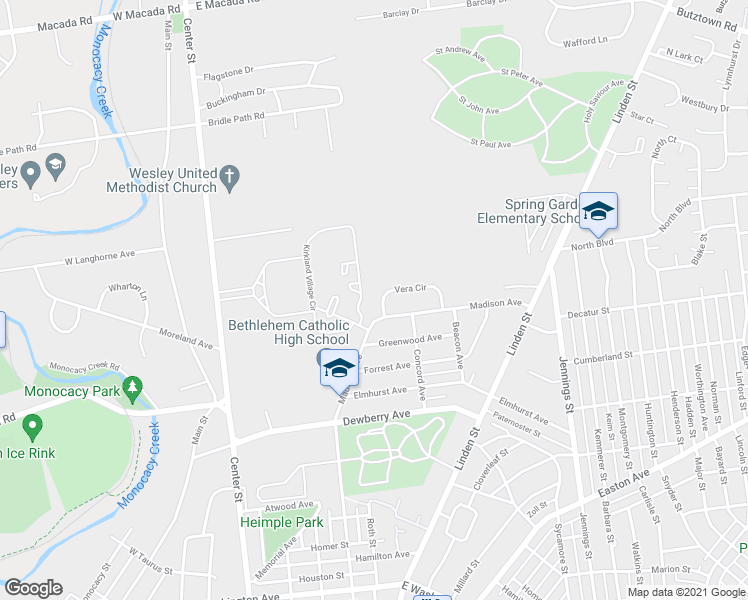 map of restaurants, bars, coffee shops, grocery stores, and more near 453 Vera Circle in Bethlehem