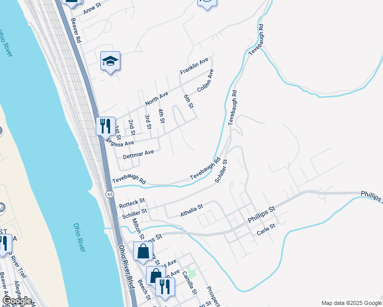 map of restaurants, bars, coffee shops, grocery stores, and more near 800 5th Street in Baden