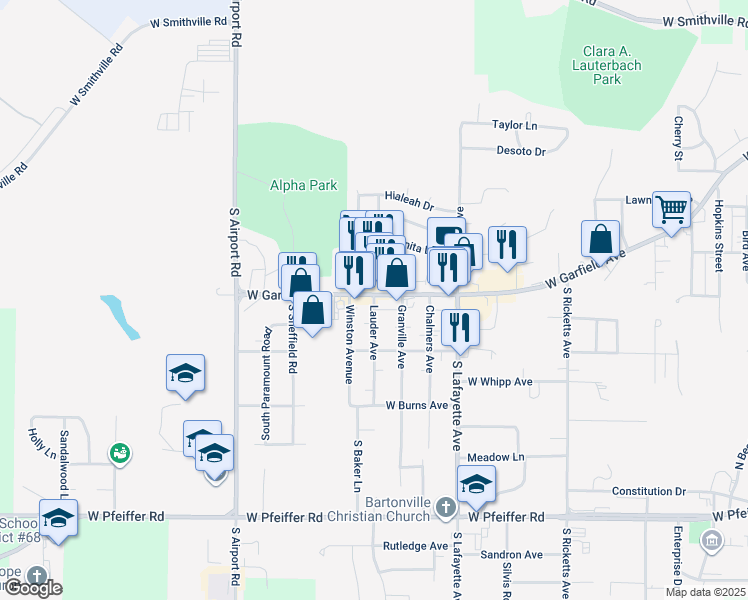 map of restaurants, bars, coffee shops, grocery stores, and more near 214 Lauder Avenue in Bartonville