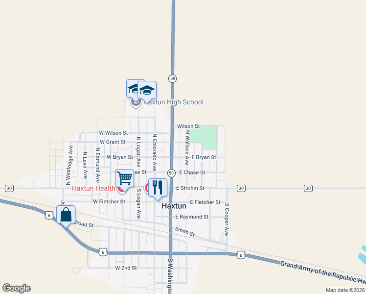 map of restaurants, bars, coffee shops, grocery stores, and more near 332 North Wallace Avenue in Haxtun