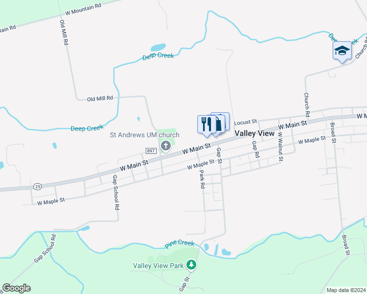 map of restaurants, bars, coffee shops, grocery stores, and more near 1324 West Main Street in Valley View