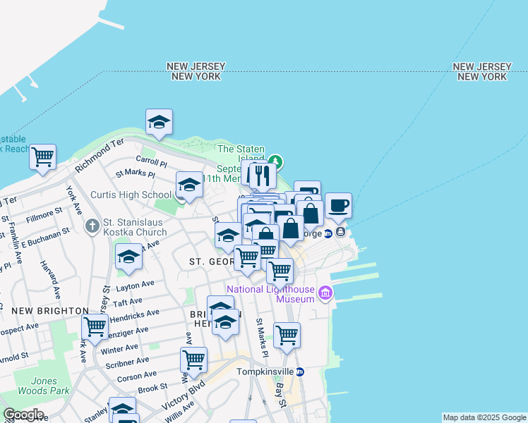 map of restaurants, bars, coffee shops, grocery stores, and more near 55 Richmond Terrace in Staten Island