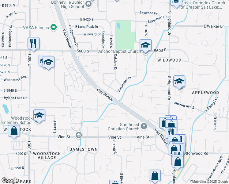 map of restaurants, bars, coffee shops, grocery stores, and more near 5795 South Conway Road in Holladay