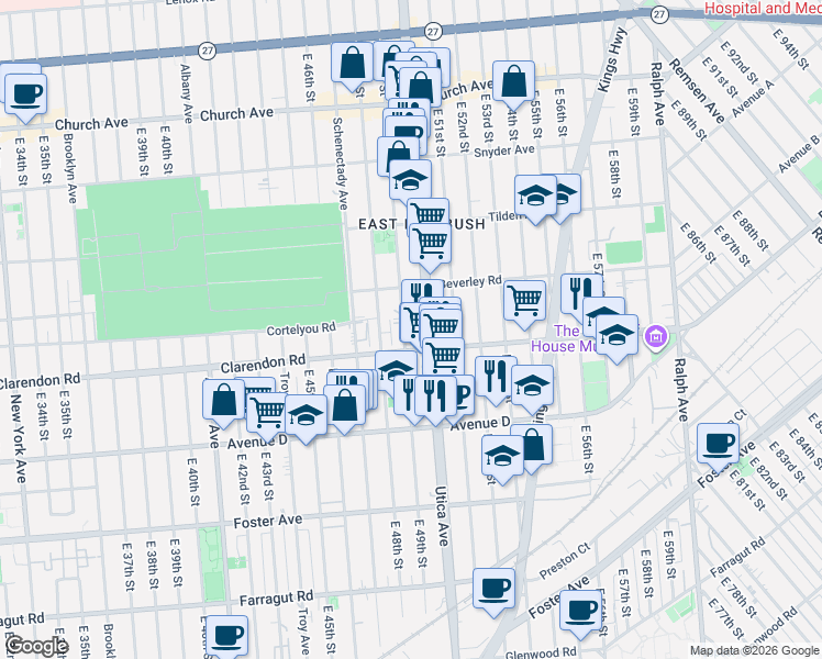 map of restaurants, bars, coffee shops, grocery stores, and more near 661 East 49th Street in Brooklyn