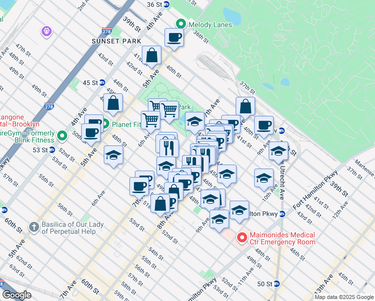 map of restaurants, bars, coffee shops, grocery stores, and more near 717 45th Street in Brooklyn