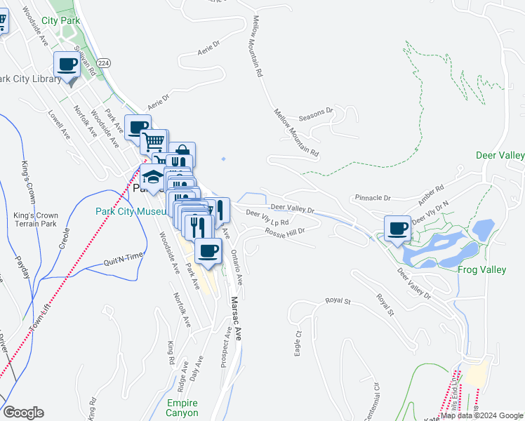 map of restaurants, bars, coffee shops, grocery stores, and more near 550 Deer Valley Drive in Park City