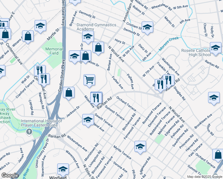 map of restaurants, bars, coffee shops, grocery stores, and more near Berlant Avenue & Berwood Avenue in Linden