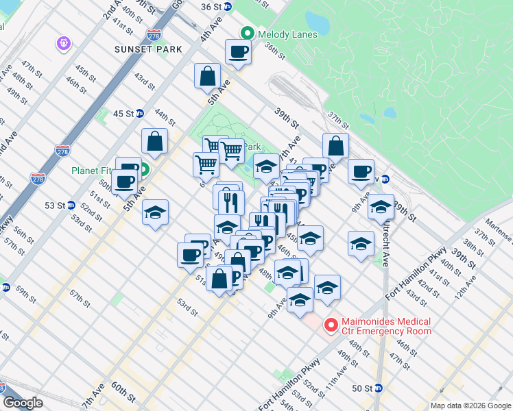 map of restaurants, bars, coffee shops, grocery stores, and more near 715 45th Street in Brooklyn