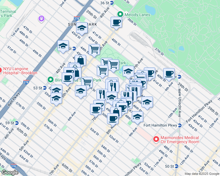 map of restaurants, bars, coffee shops, grocery stores, and more near 654 45th Street in Brooklyn