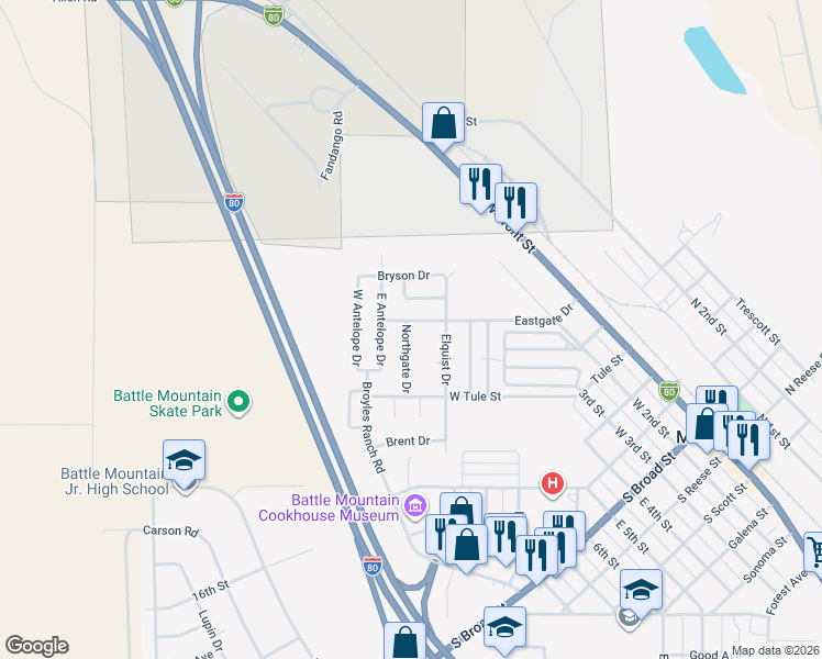 map of restaurants, bars, coffee shops, grocery stores, and more near 306 Eastgate Drive in Battle Mountain