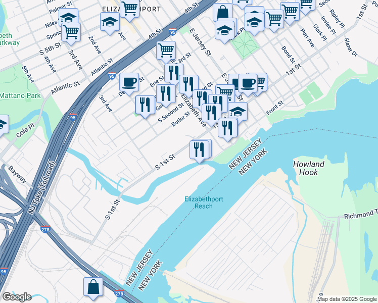 map of restaurants, bars, coffee shops, grocery stores, and more near 23-201 South 1st Street in Elizabeth