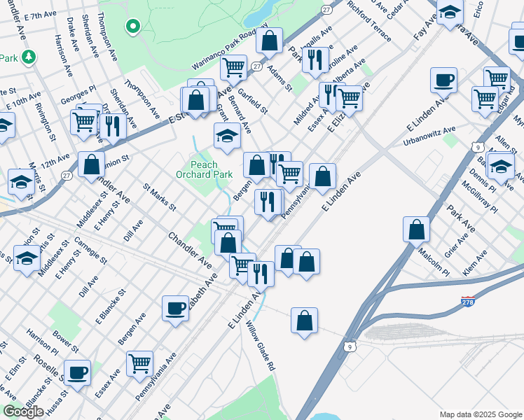 map of restaurants, bars, coffee shops, grocery stores, and more near 1504 Essex Avenue in Linden