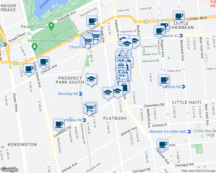 map of restaurants, bars, coffee shops, grocery stores, and more near 726 Ocean Avenue in Brooklyn