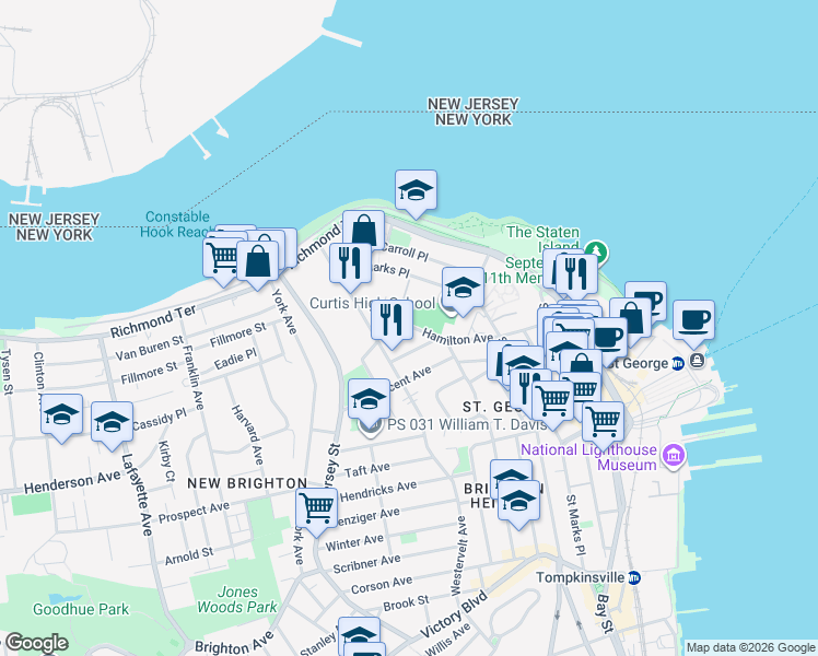 map of restaurants, bars, coffee shops, grocery stores, and more near 201 Hamilton Avenue in Staten Island
