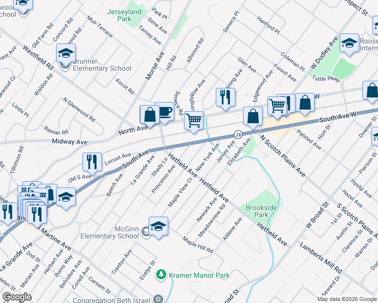 map of restaurants, bars, coffee shops, grocery stores, and more near 2234 Princeton Avenue in Scotch Plains