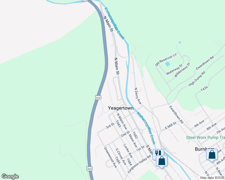 map of restaurants, bars, coffee shops, grocery stores, and more near 200-298 North Boiling Springs Avenue in Yeagertown