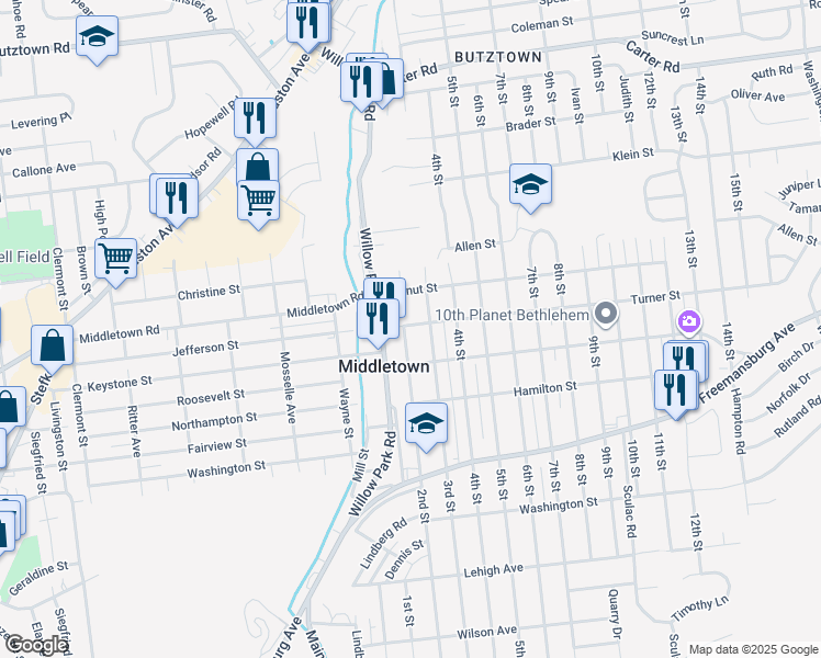 map of restaurants, bars, coffee shops, grocery stores, and more near 2030 2nd Street in Bethlehem