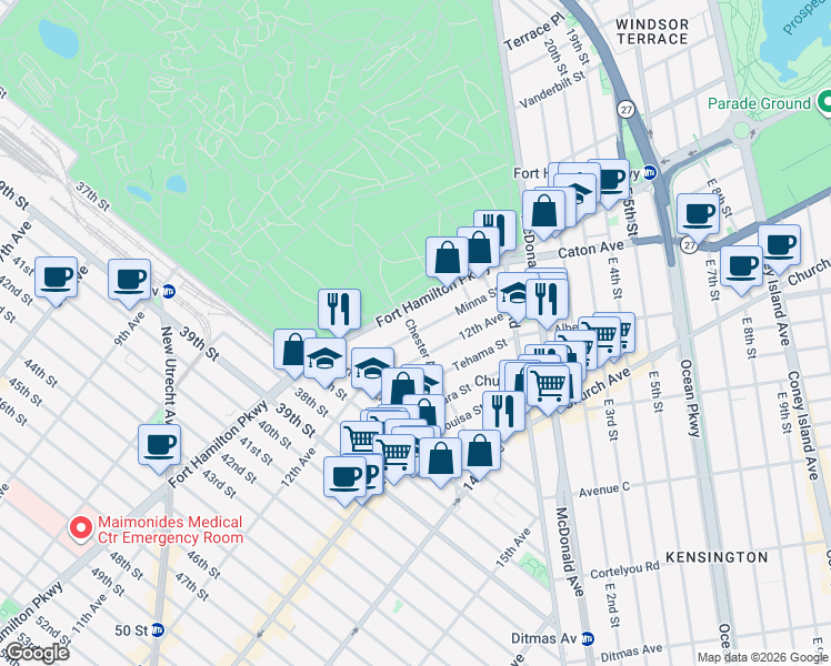 map of restaurants, bars, coffee shops, grocery stores, and more near Chester Ave & Minna St in Brooklyn