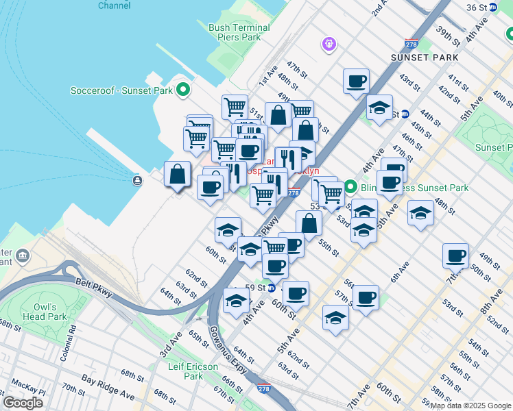 map of restaurants, bars, coffee shops, grocery stores, and more near 238 55th Street in Brooklyn