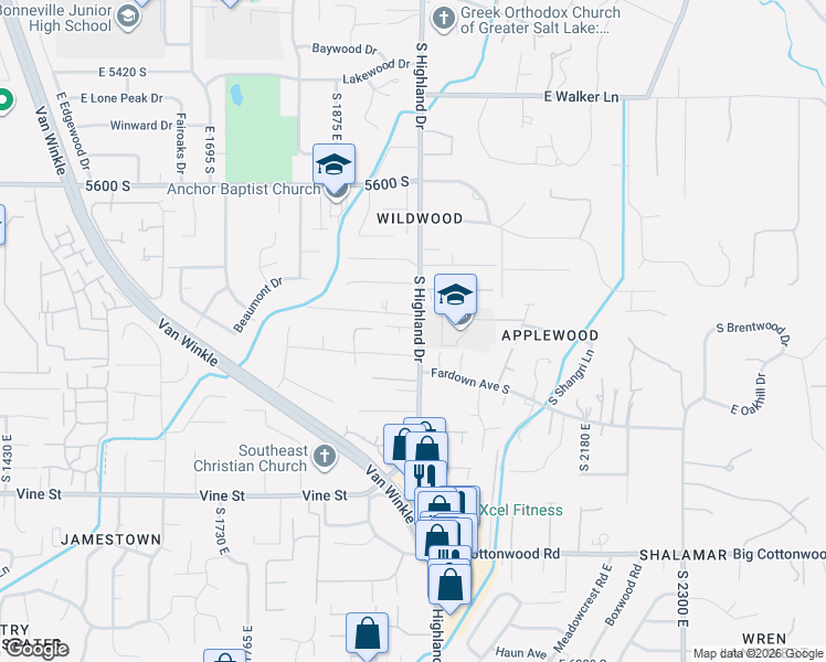 map of restaurants, bars, coffee shops, grocery stores, and more near 1966 East Janet Kay Lane in Holladay