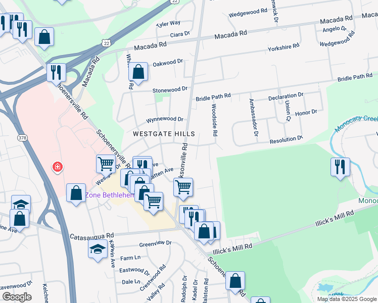 map of restaurants, bars, coffee shops, grocery stores, and more near 2550 Jacksonville Road in Bethlehem