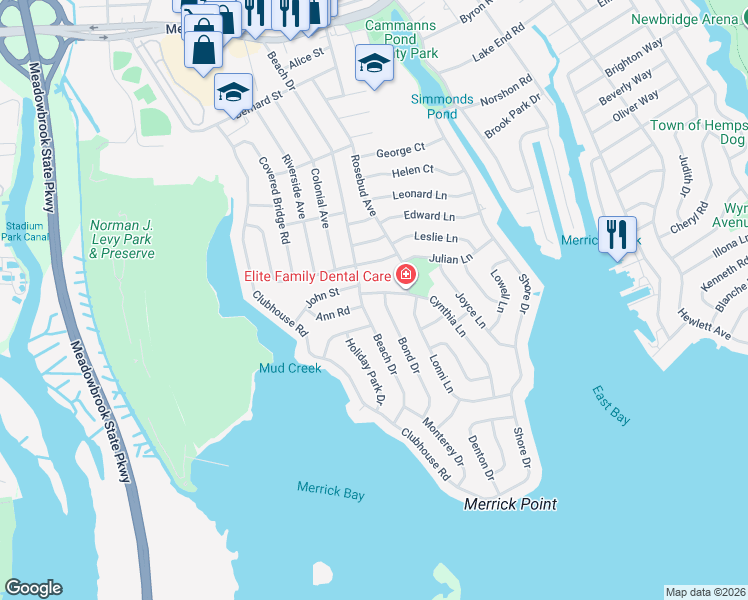 map of restaurants, bars, coffee shops, grocery stores, and more near 2885 Beach Drive in Merrick