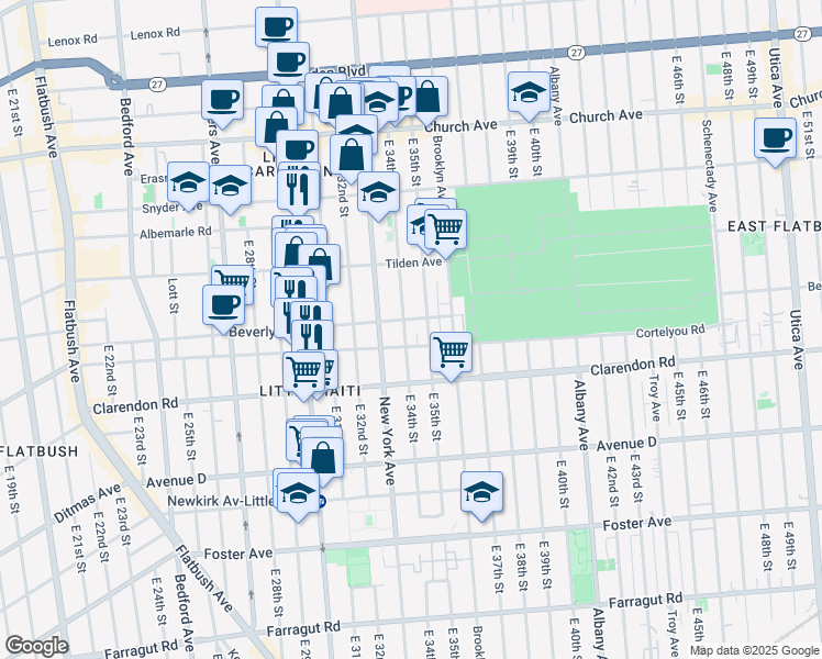 map of restaurants, bars, coffee shops, grocery stores, and more near 460 East 34th Street in Brooklyn