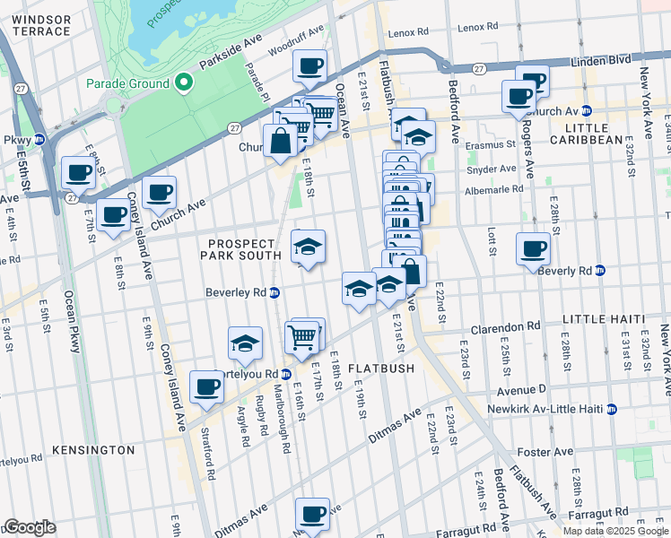 map of restaurants, bars, coffee shops, grocery stores, and more near 229 East 18th Street in Brooklyn