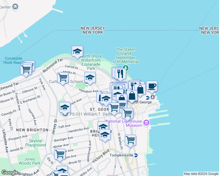 map of restaurants, bars, coffee shops, grocery stores, and more near 37 Hamilton Avenue in Staten Island