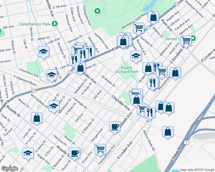 map of restaurants, bars, coffee shops, grocery stores, and more near 1227 Dill Avenue in Linden