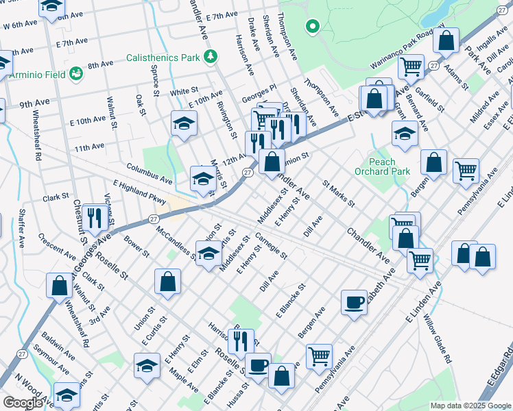 map of restaurants, bars, coffee shops, grocery stores, and more near 1018 Charles Street in Linden
