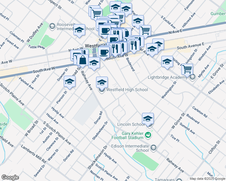 map of restaurants, bars, coffee shops, grocery stores, and more near 566 Westfield Avenue in Westfield