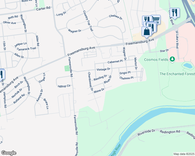 map of restaurants, bars, coffee shops, grocery stores, and more near 1797 Riesling Drive in Easton