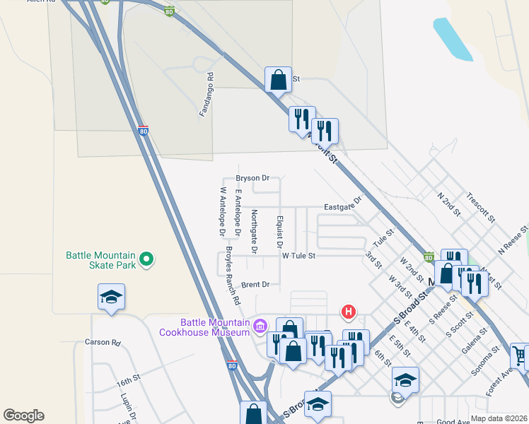 map of restaurants, bars, coffee shops, grocery stores, and more near 306 Eastgate Drive in Battle Mountain