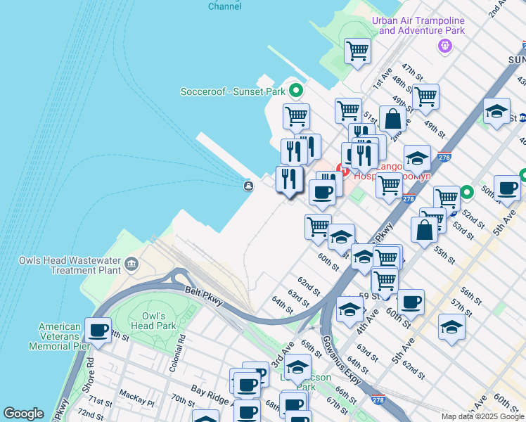 map of restaurants, bars, coffee shops, grocery stores, and more near 57145728 1st Ave in Brooklyn