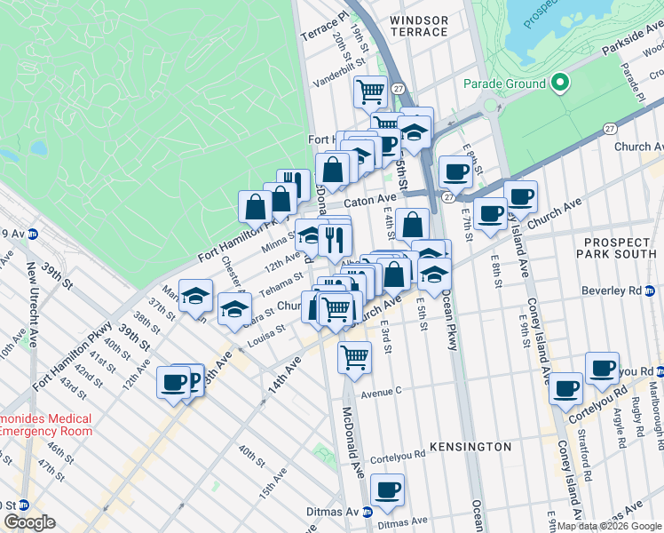map of restaurants, bars, coffee shops, grocery stores, and more near McDonald Avenue & Albemarle Road in Brooklyn