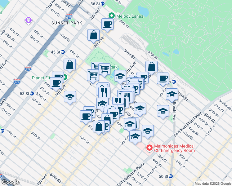 map of restaurants, bars, coffee shops, grocery stores, and more near 715 45th Street in Brooklyn