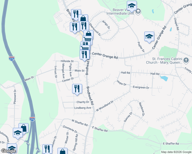 map of restaurants, bars, coffee shops, grocery stores, and more near 3372 Brodhead Road in Aliquippa