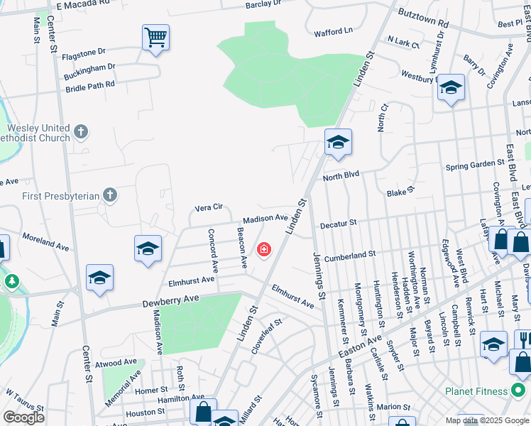 map of restaurants, bars, coffee shops, grocery stores, and more near 2725 Madison Avenue in Bethlehem