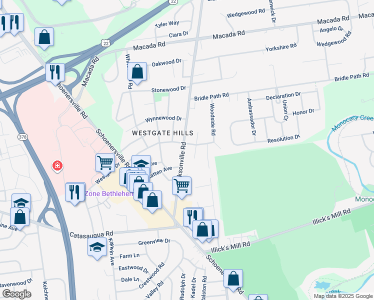 map of restaurants, bars, coffee shops, grocery stores, and more near 2550 Jacksonville Road in Bethlehem
