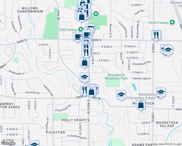 map of restaurants, bars, coffee shops, grocery stores, and more near 5844 South 920 East in Murray