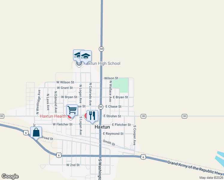 map of restaurants, bars, coffee shops, grocery stores, and more near 332 North Wallace Avenue in Haxtun