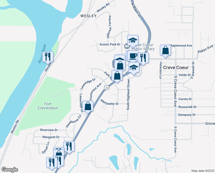 map of restaurants, bars, coffee shops, grocery stores, and more near 111 S Main St in Creve Coeur