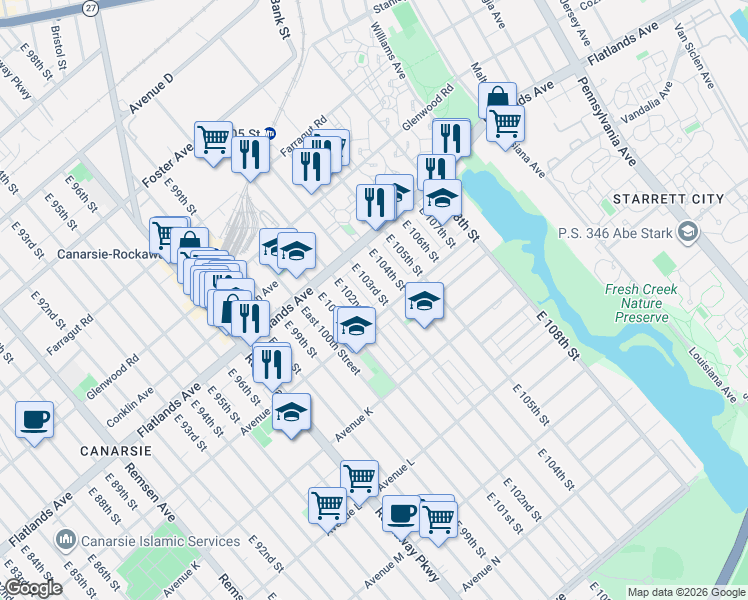 map of restaurants, bars, coffee shops, grocery stores, and more near 967 East 103rd Street in Brooklyn