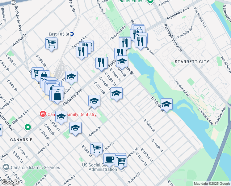 map of restaurants, bars, coffee shops, grocery stores, and more near 1006 East 105th Street in Brooklyn