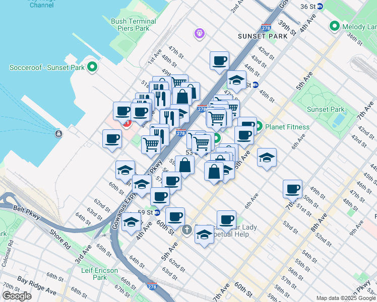 map of restaurants, bars, coffee shops, grocery stores, and more near 324 53rd Street in Brooklyn