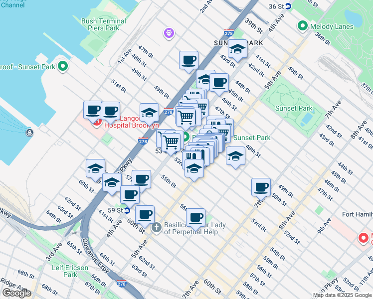 map of restaurants, bars, coffee shops, grocery stores, and more near 414 51st Street in Brooklyn