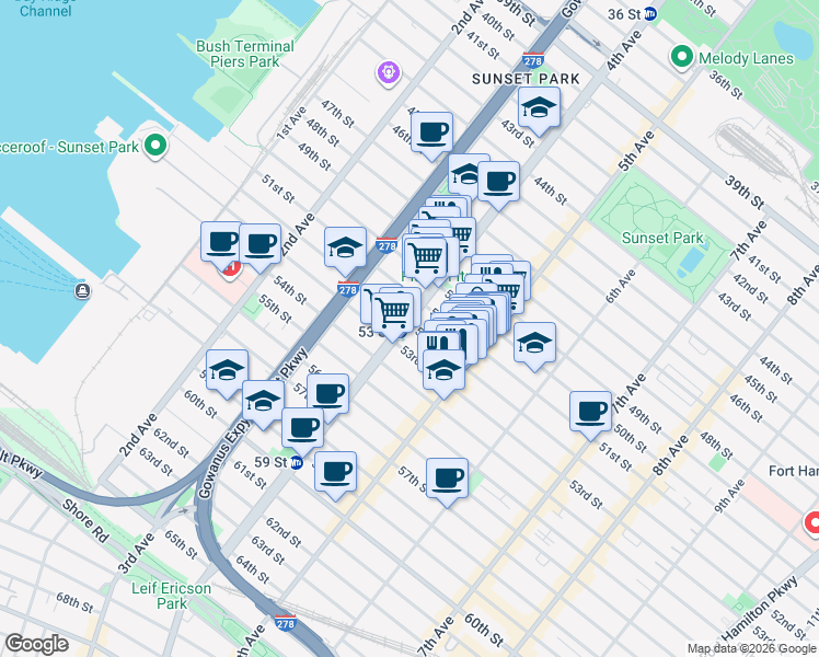 map of restaurants, bars, coffee shops, grocery stores, and more near in Brooklyn