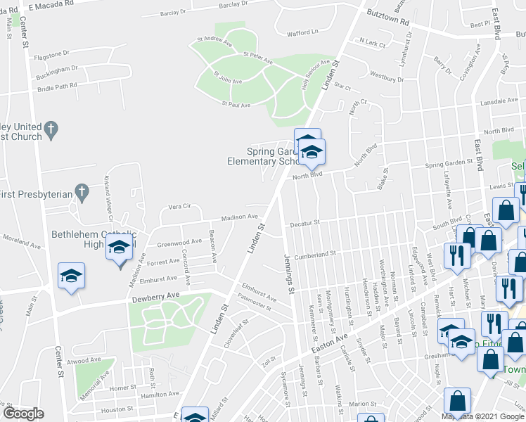 map of restaurants, bars, coffee shops, grocery stores, and more near 2781 Madison Avenue in Bethlehem