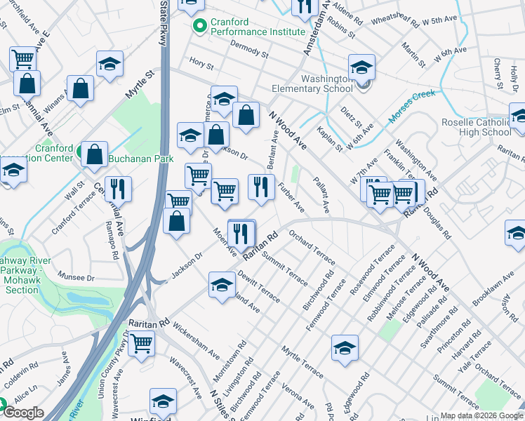 map of restaurants, bars, coffee shops, grocery stores, and more near 50 Jackson Drive in Cranford